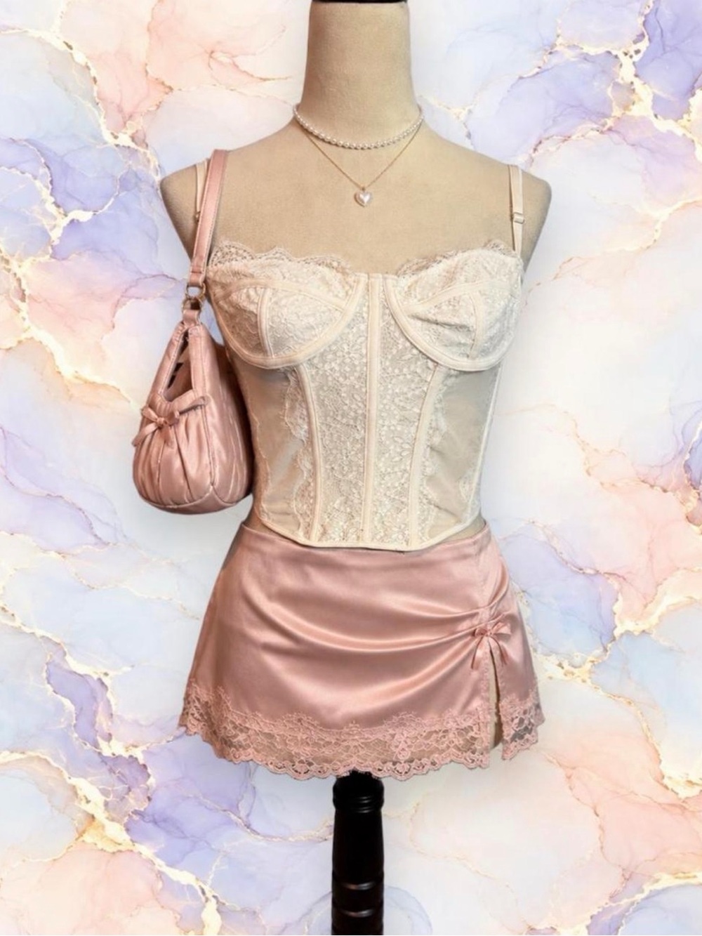 Source Unknown Blush Lace Underwire Bustier with Satin Slip Skirt